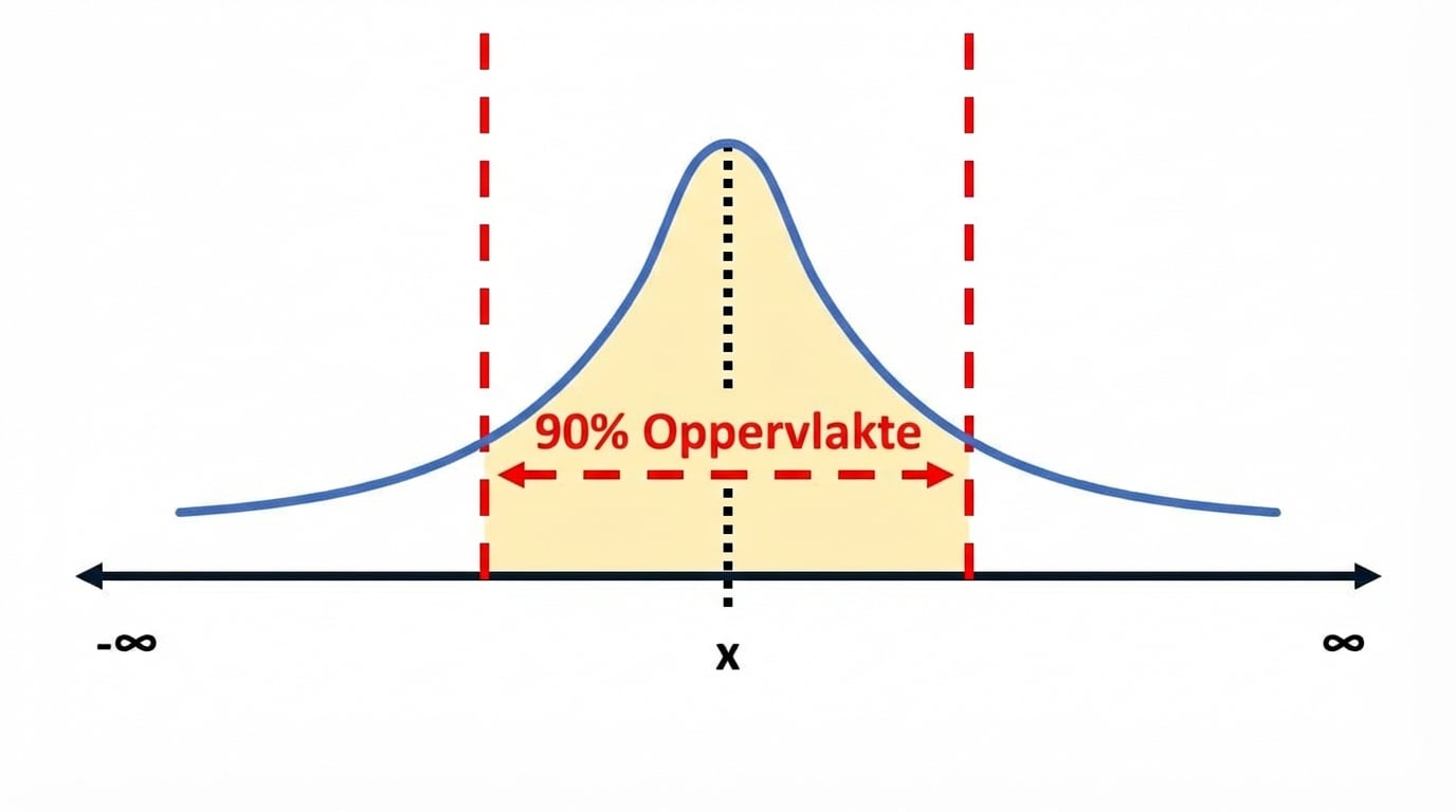 Een verdelingscurve met 90% van het oppervlak gemarkeerd