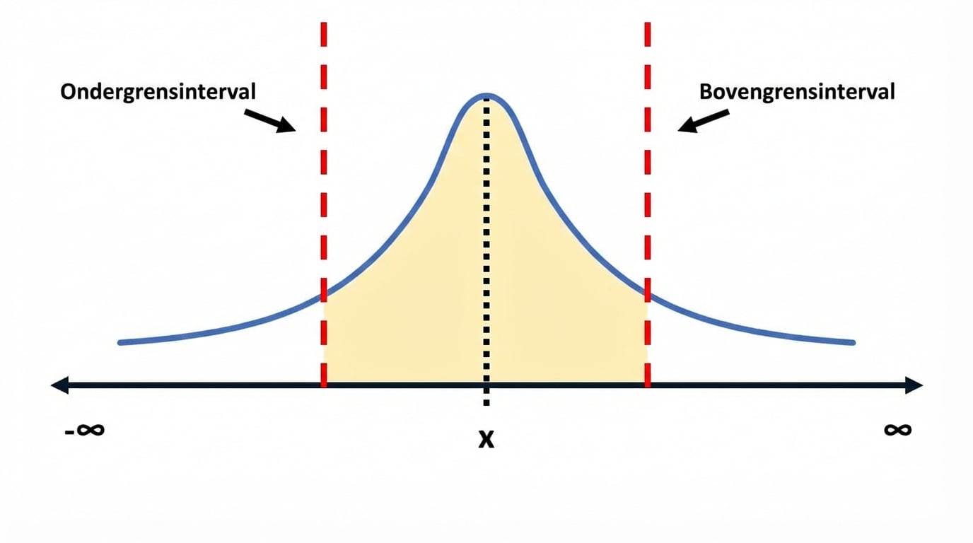 Een verdelingscurve met het onderste en bovenste interval gemarkeerd