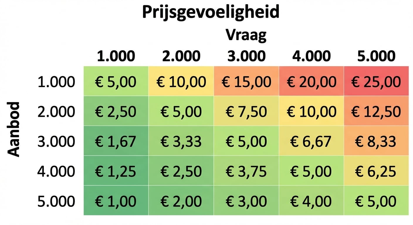 Een voorbeeld van een gevoeligheidstabel met aanbod op de rijen en vraag op de kolommen
