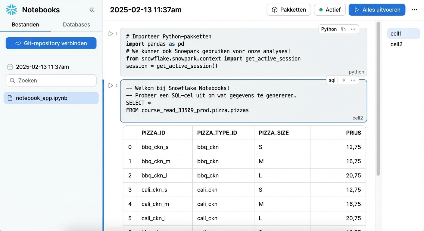 Snowflake-notebook met Python- en SQL-celcode
