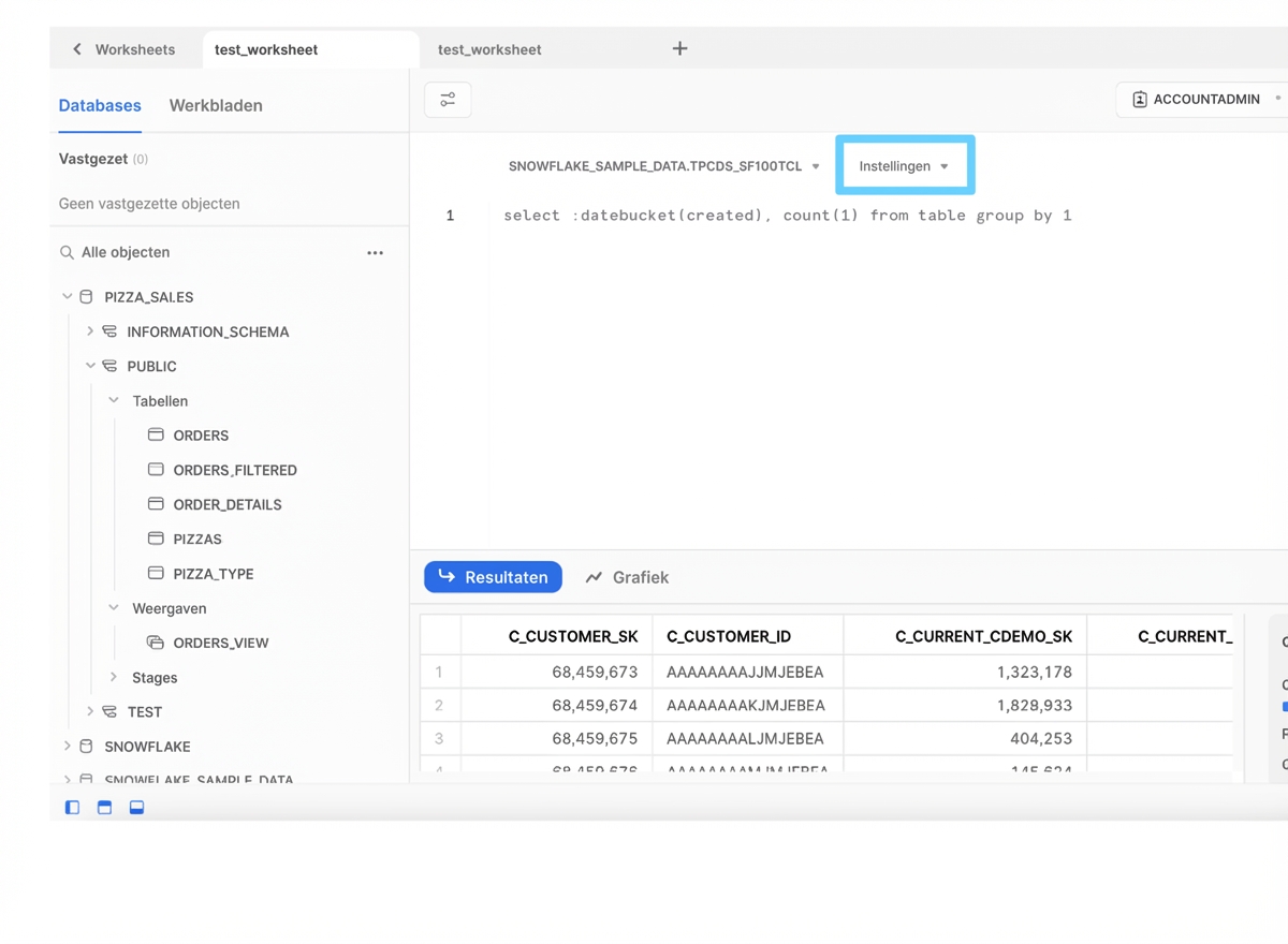 Linkerpaneel van de Snowflake-webinterface met databaseobjecten en werkbladen