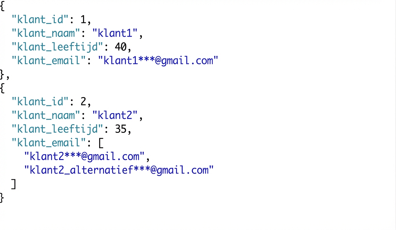 Semi-gestructureerde klantdata als JSON, waarbij klant 2 twee e-mails heeft