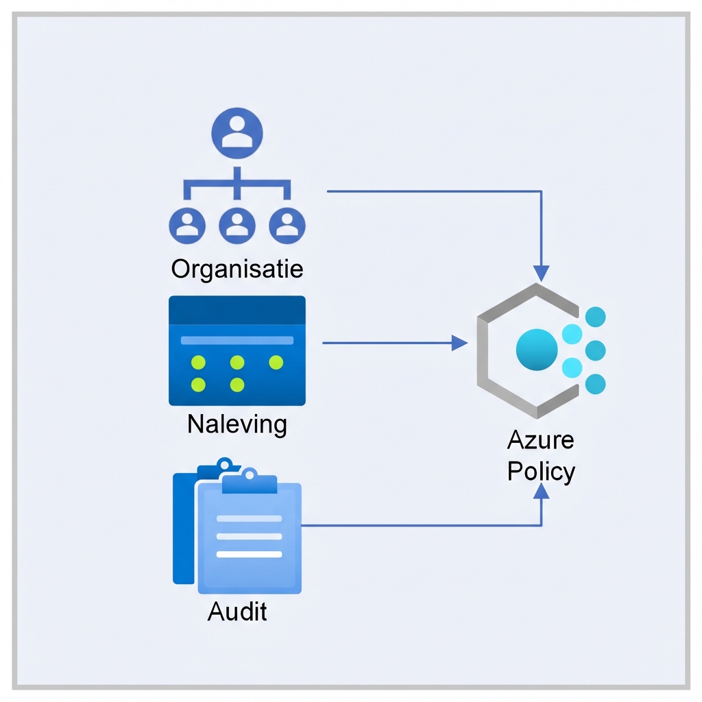 Gekleurd vierkant met afbeeldingen voor organisatie, compliance, audit die naar het Azure Policy-pictogram wijzen