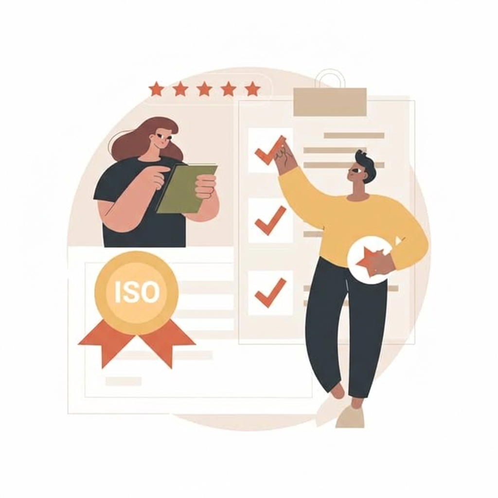 Abstracte afbeelding met werkende mensen en vinkjes en het woord ISO in een award