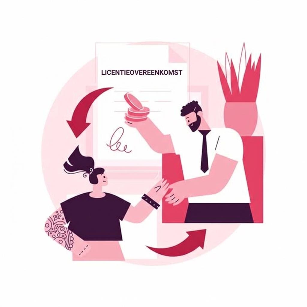 Afbeelding met twee personen en een contract aan de muur en pijlen ertussen