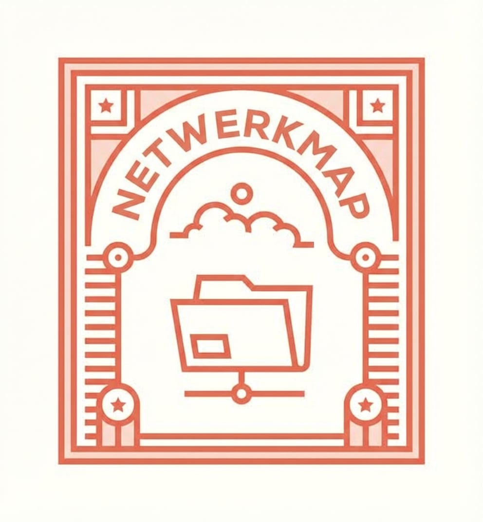 Afbeelding die op een stempel lijkt met netwerkmap erop