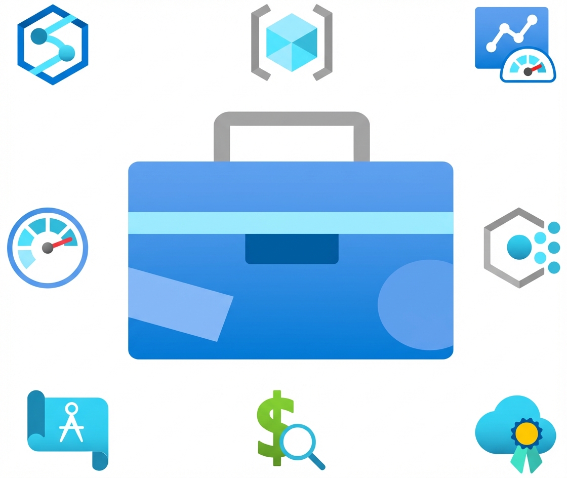 Tekening van een gereedschapskist met Microsoft Azure-pictogrammen eromheen