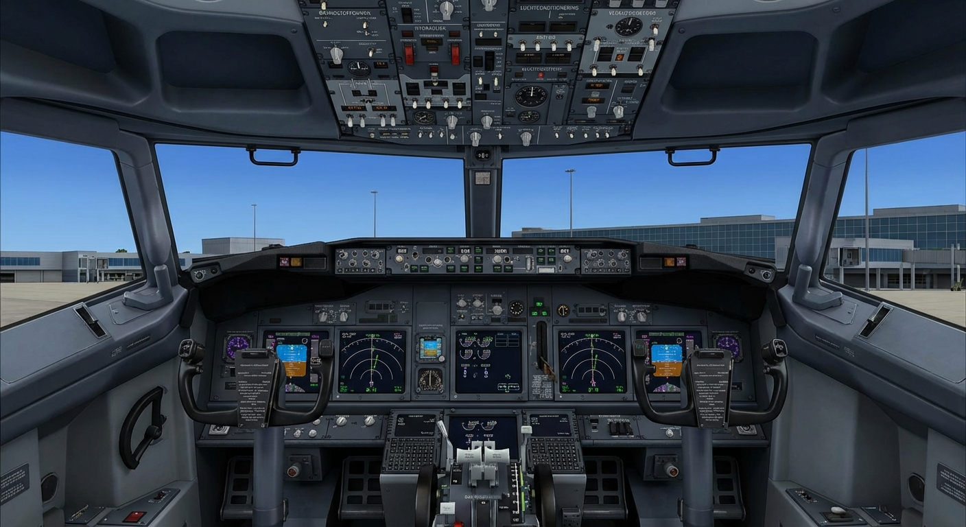 Foto van vliegtuigcockpit met onherkenbare piloot