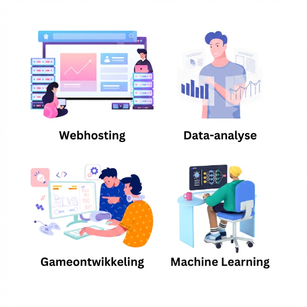 Afbeelding met webhosting, gamedevelopment, data-analyse en machine learning