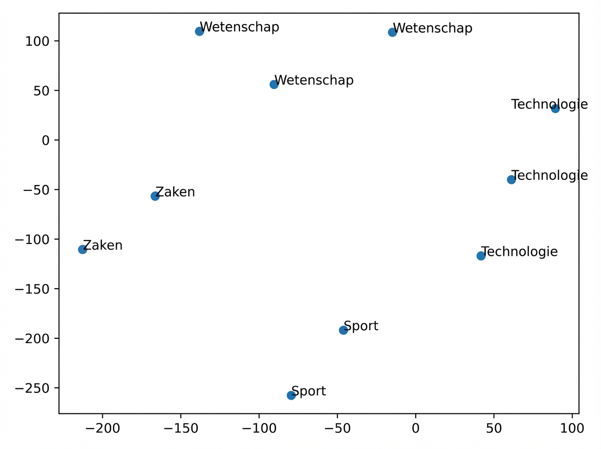 Een 2D-vectorruimteplot die laat zien dat reviews met hetzelfde sentiment en onderwerp dichter bij elkaar liggen in de vectorruimte.