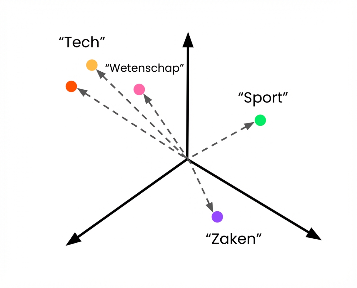 Geëmbedde class-beschrijvingen in de vectorruimte, met een onbekende vector.