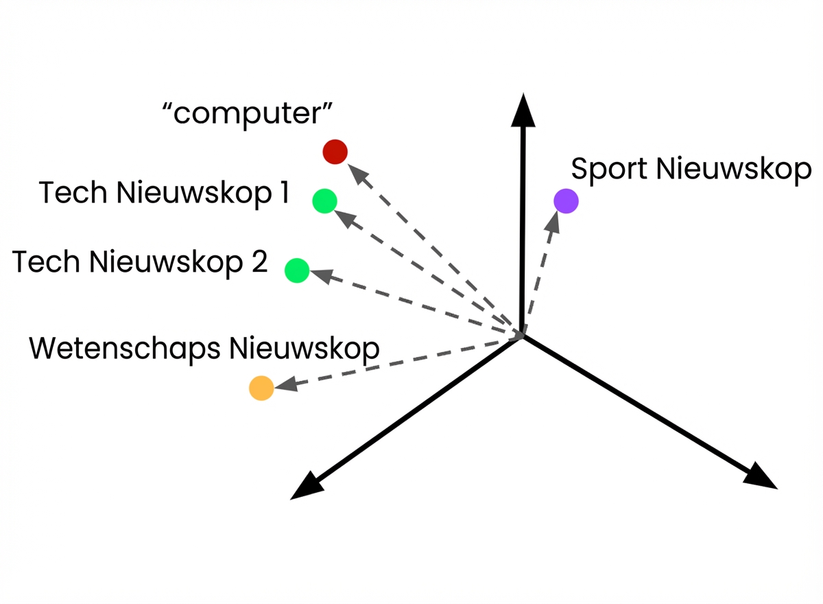 Een ingesloten zoekquery in de vectorruimte naast meerdere ingesloten artikelen over verschillende onderwerpen.