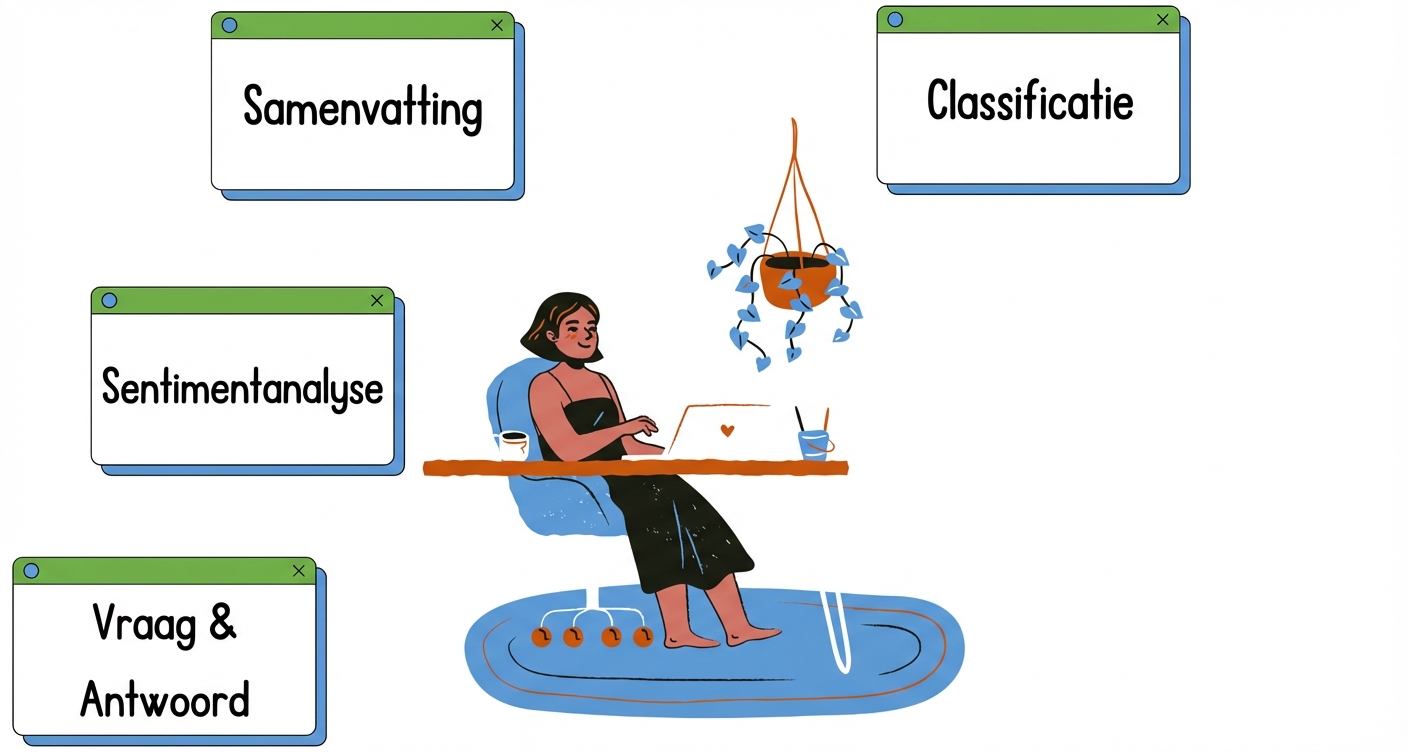 Persoon aan een bureau met taken eromheen: tekstanalyse, samenvatten, sentimentanalyse en vraag-antwoord
