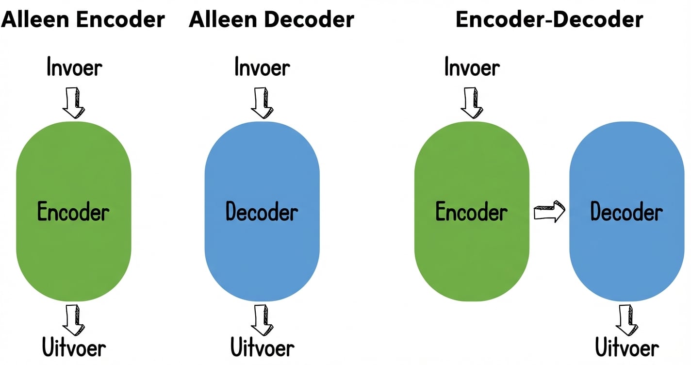 Illustratie van drie transformer-architecturen: alleen-encoder, alleen-decoder en encoder-decoder