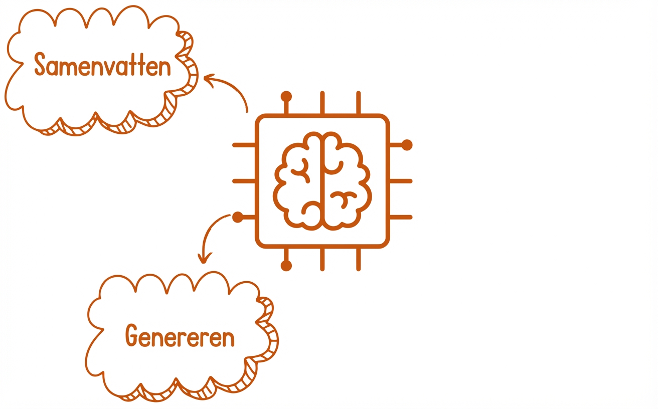 Abstracte illustratie van een large language model met een samenvatten- en genererenballon