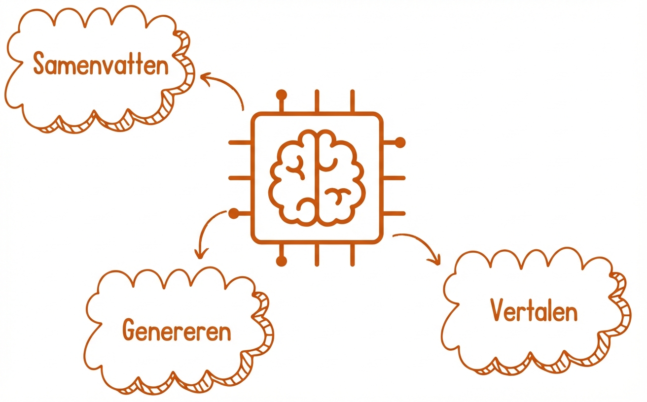 Abstracte illustratie van een large language model met een samenvatten-, genereren- en vertaalballon