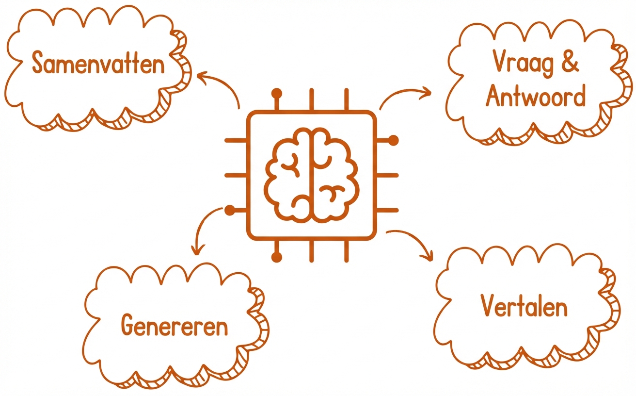 Abstracte illustratie van een large language model met een samenvatten-, genereren-, vertalen- en Q&A-ballon