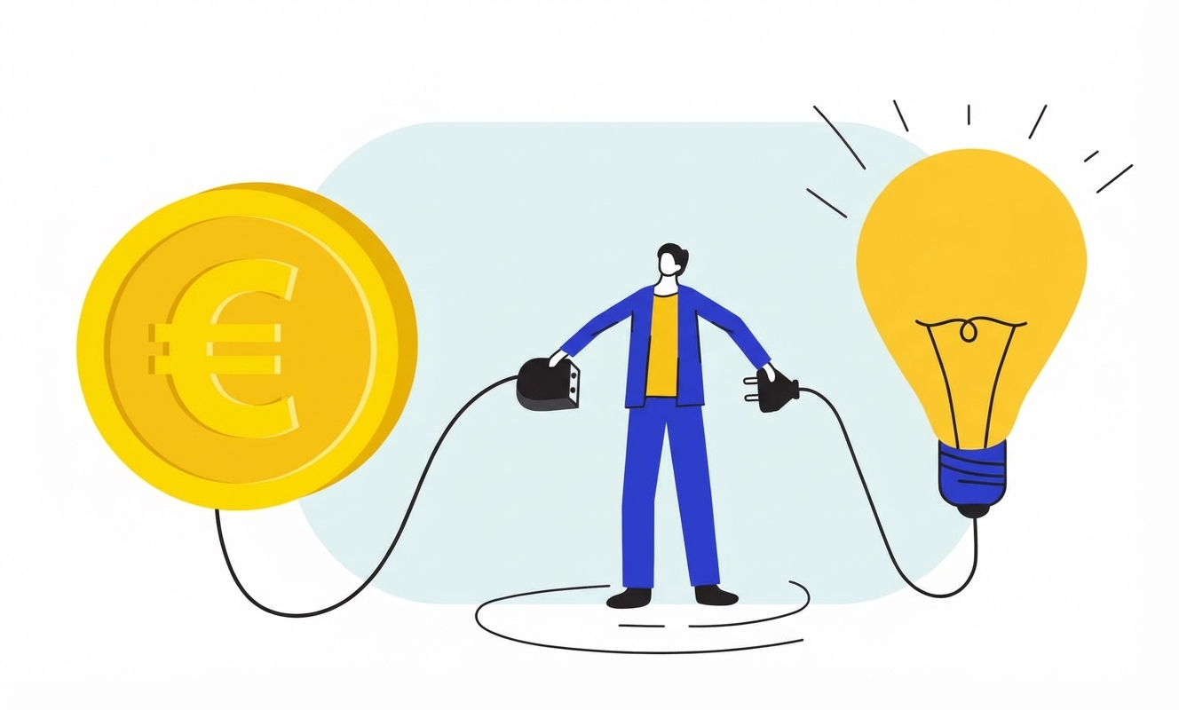 Cartoon van een man met een stekker die geld met een gloeilamp verbindt