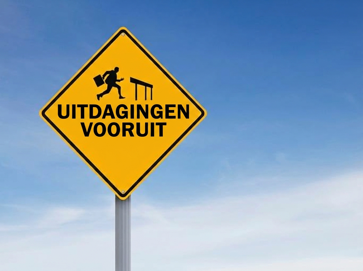 Verkeersbord met een man die een horde neemt en de tekst “Challenges Ahead”