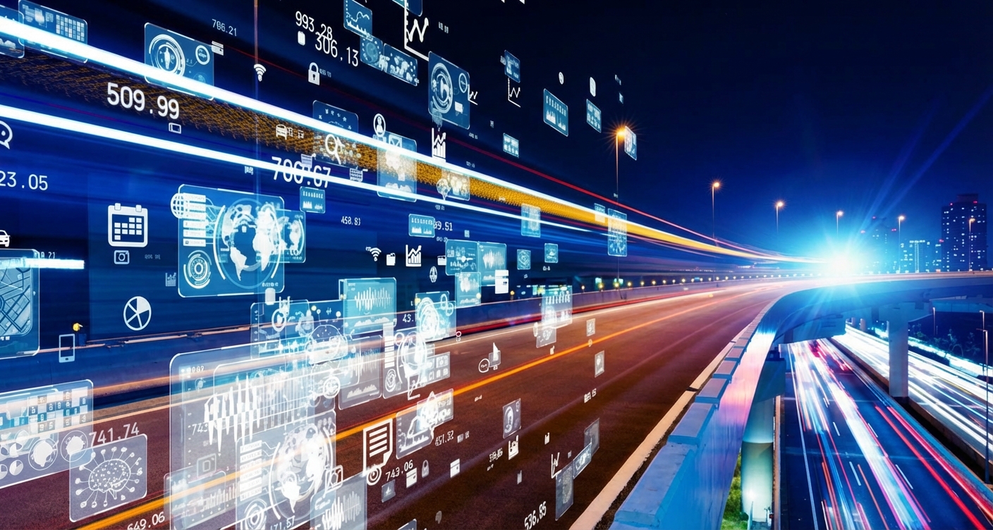 Afbeelding met beelden, cijfers en data die razendsnel bewegen