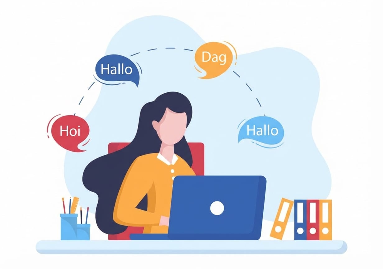 Een vrouw achter een laptop met vertaalballonnen om haar heen