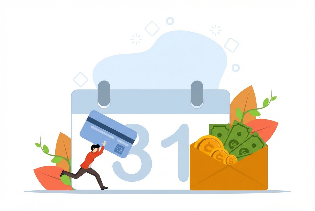 Cartoon van een man met een betaalkaart voor een specifieke datum op een kalender