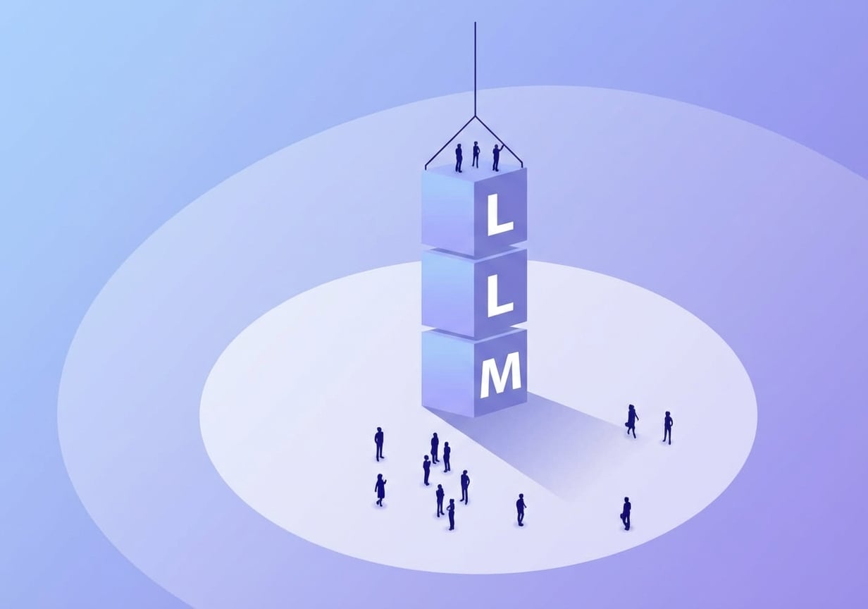 Cartoon van mensen die toekijken hoe blokken op elkaar worden gezet om LLM te vormen