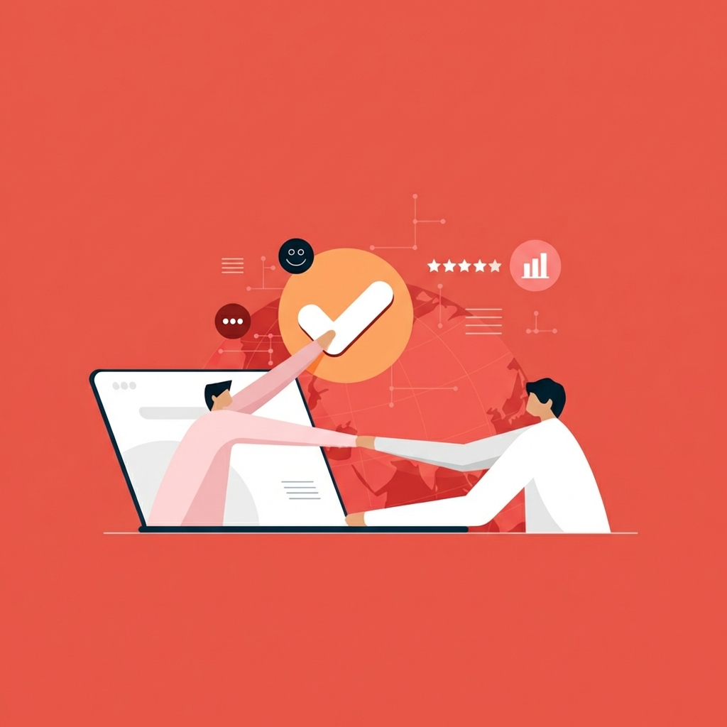 Cartoon van een man achter een laptop die een hand schudt met iemand in het laptopscherm