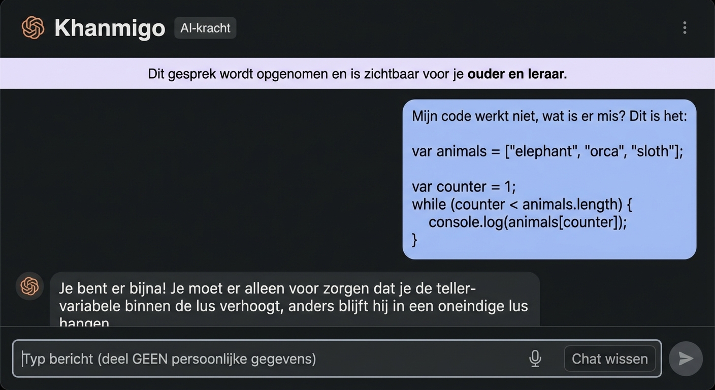 Khanmigo AI-chatbot die een codeprobleem met een leerling oplost
