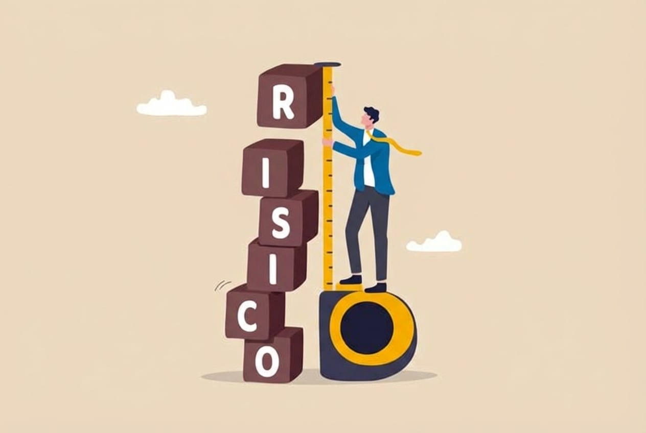 Cartoon van een man op blokken met het woord "Risk" die de hoogte van het risico meet