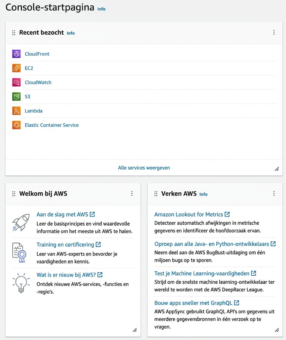 Startpagina AWS Console