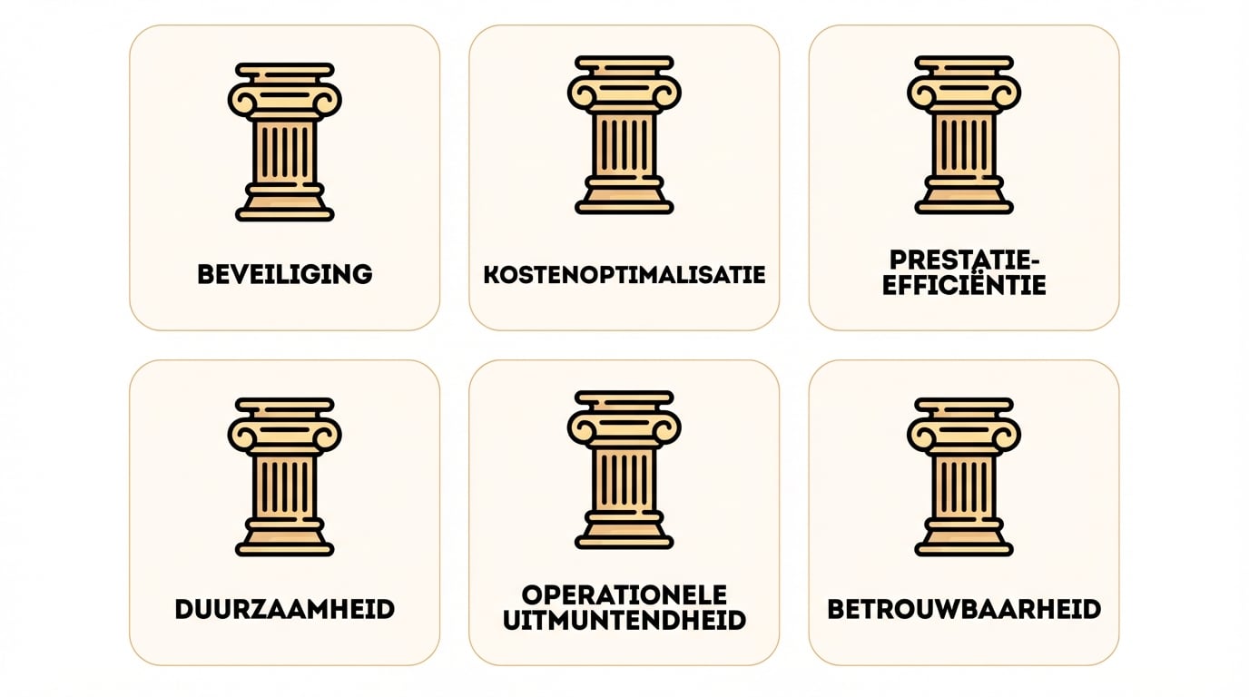 De zes pijlers van het framework: Security, Cost Optimization, Performance Efficiency, Sustainability, Operational Excellence en Reliability