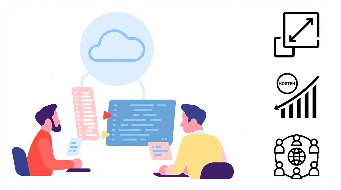 Grafiek van 2 gebruikers die verbinden met de cloud, iconen van schaalbaarheid, lagere kosten en wereldwijd netwerk