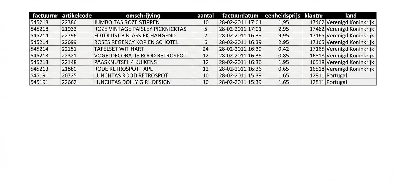 Weergave van rijen in e-commerce-tabel