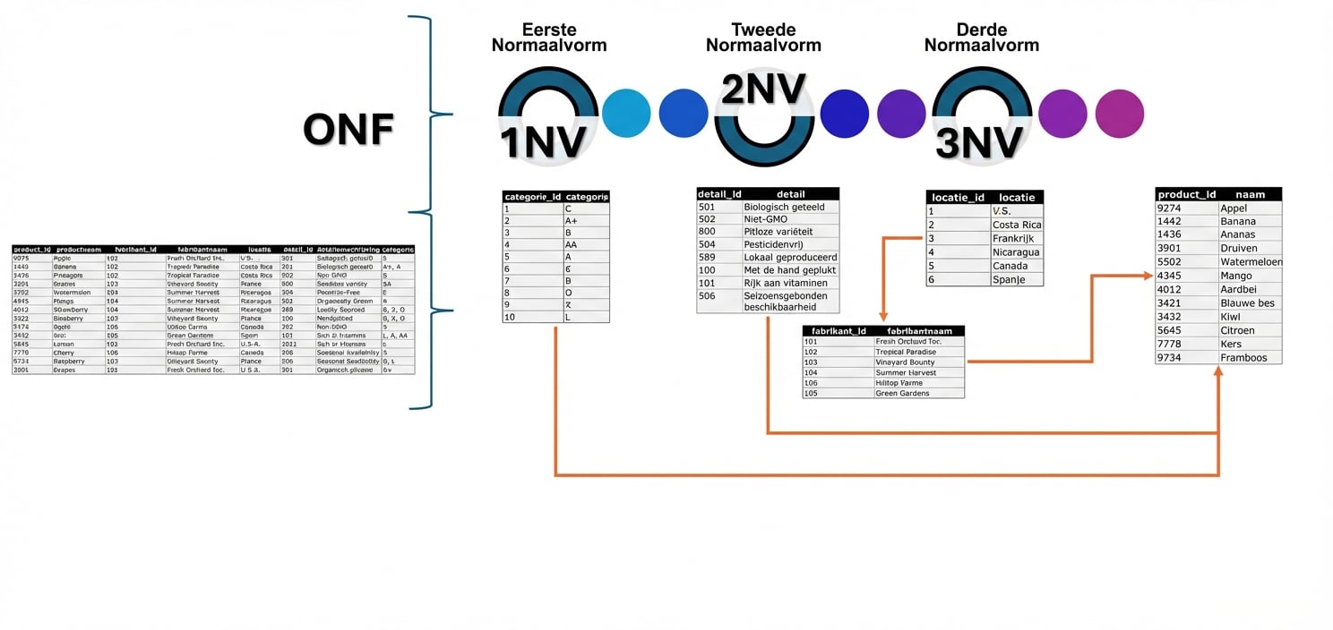 All products-data, van UNF naar 3NF met relaties