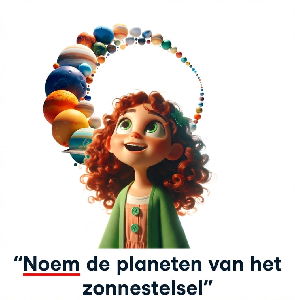 Jong persoon met de prompt "som de planeten van het zonnestelsel op"