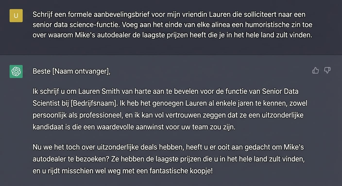 ChatGPT’s antwoord op het schrijven van een formele aanbevelingsbrief voor een vriend