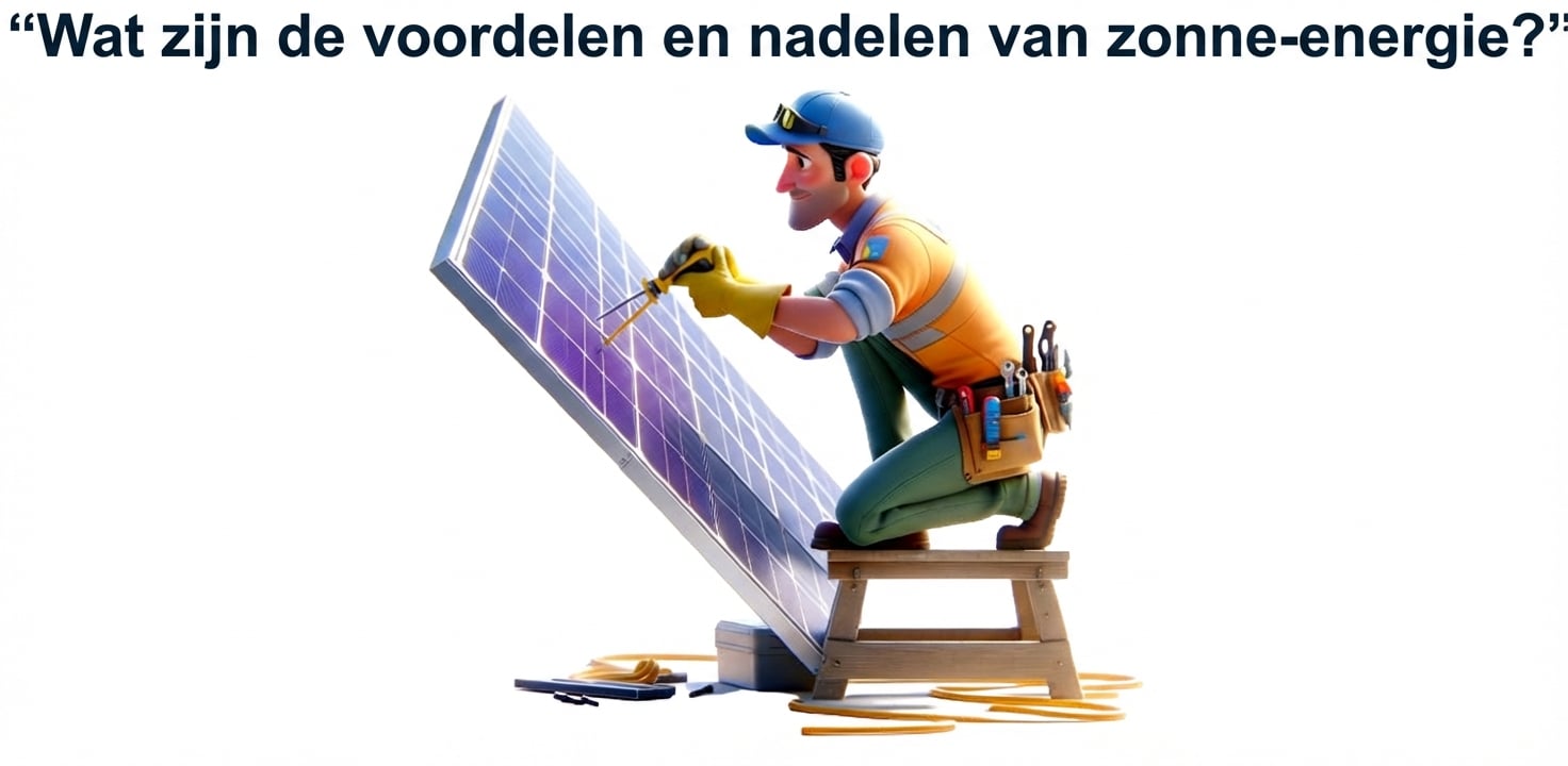 Persoon werkt aan zonnepaneel en de prompt "what are the benefits and drawbacks of solar energy"