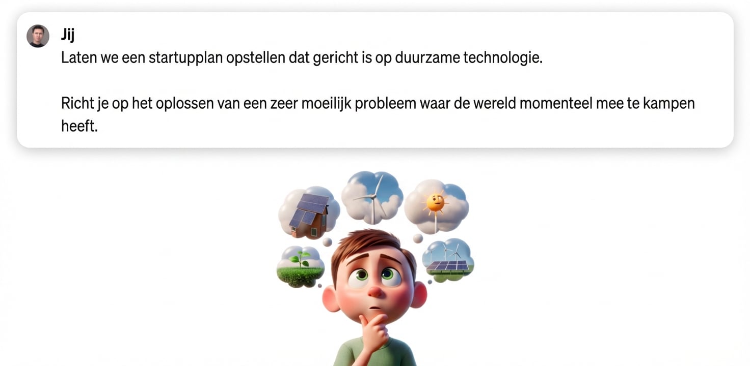 Cartoonillustratie van een kind dat aan duurzame technologie denkt