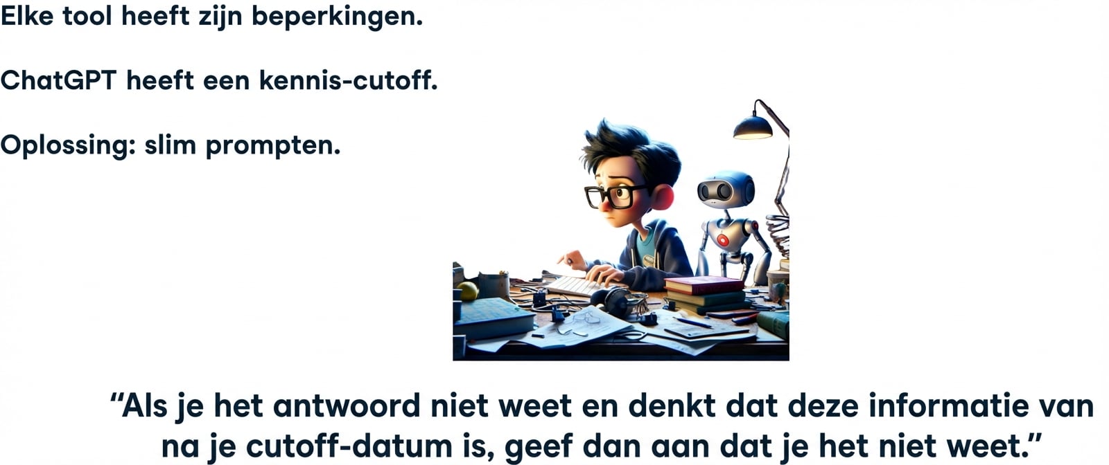 Elk hulpmiddel heeft beperkingen. ChatGPT heeft een knowledge cutoff. Oplossing: slim prompten.