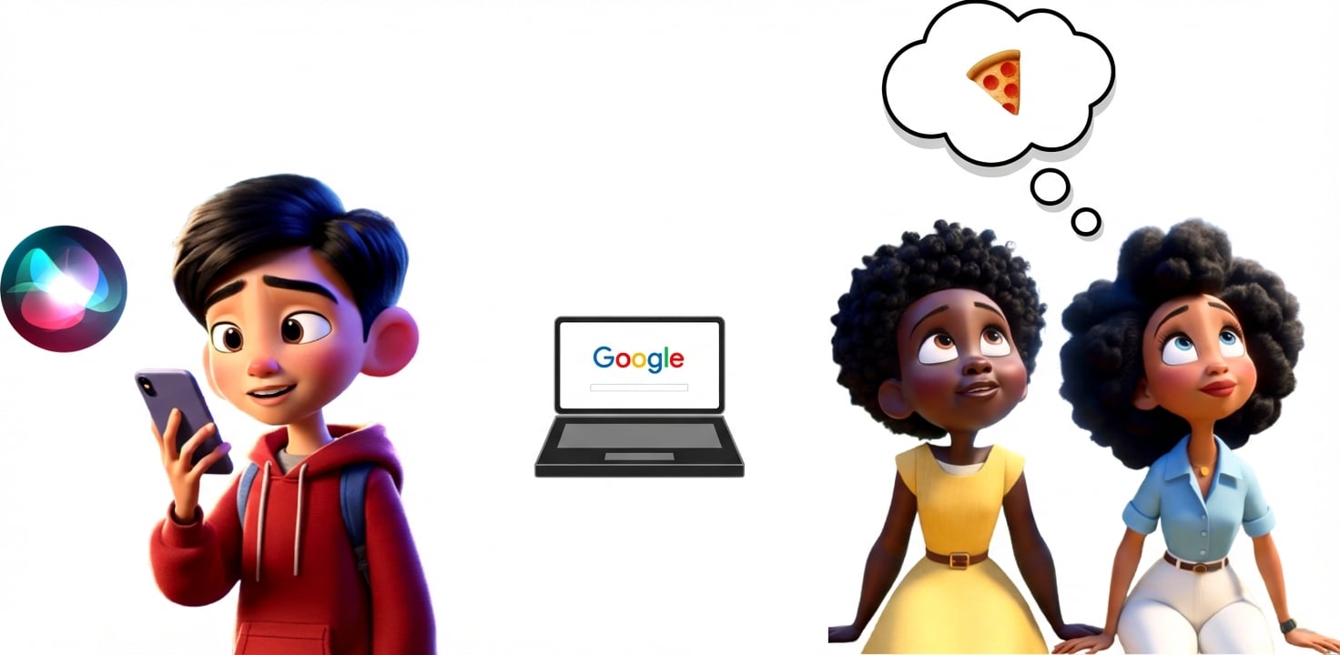 Cartoonillustraties van een jongen met een smartphone-assistent en twee vrienden die aan pizza denken