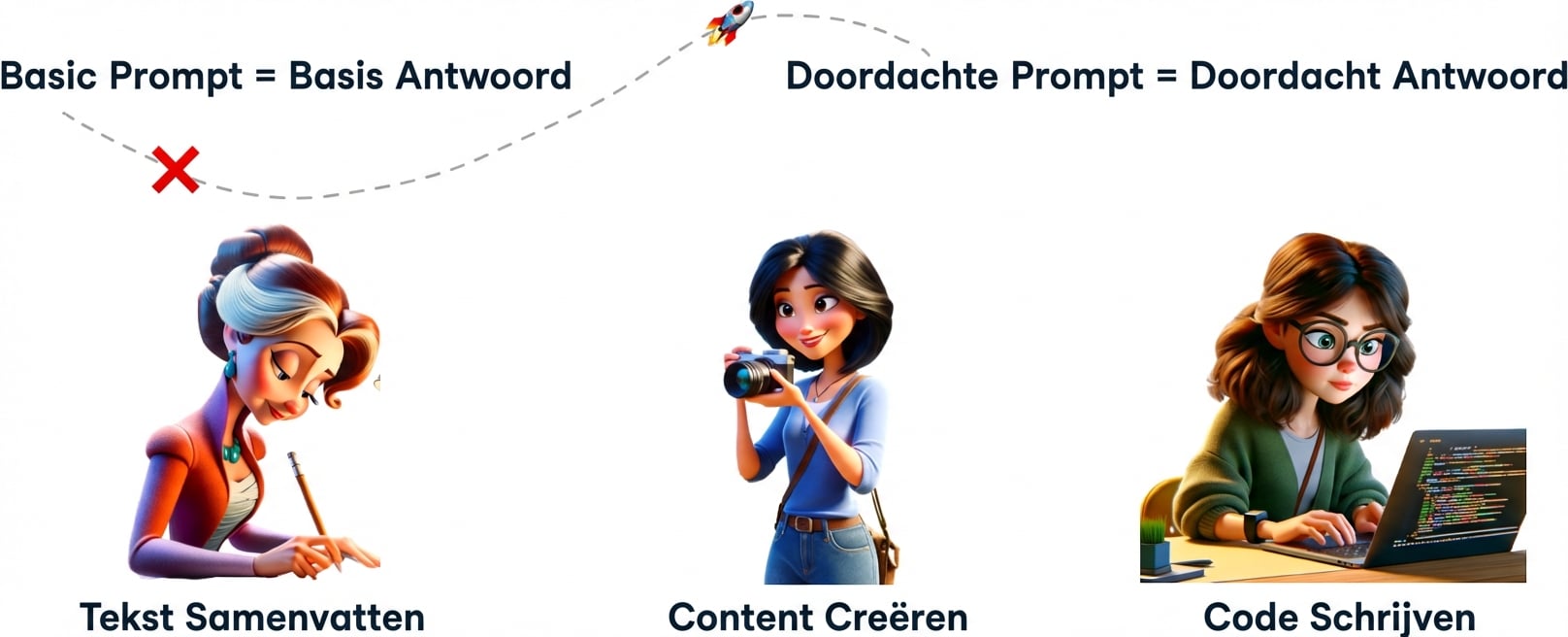 Cartoonillustraties van iemand die schrijft, iemand die een foto maakt en iemand die code schrijft