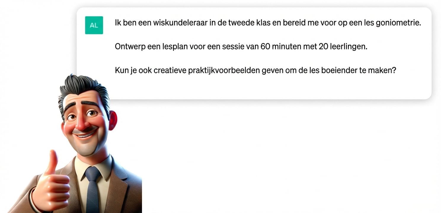 Cartoonillustratie van een leraar met duim omhoog als teken van tevredenheid