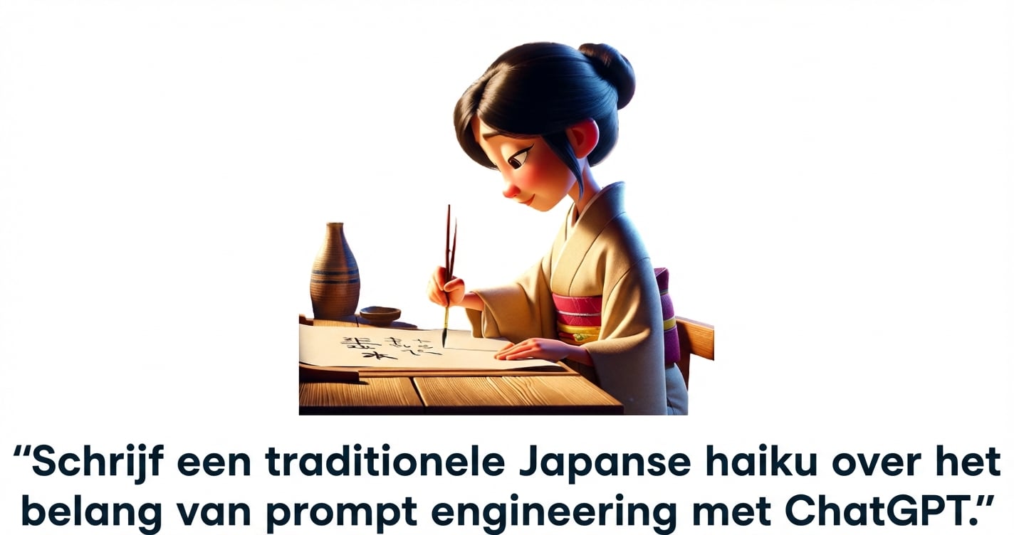 Iemand die een haiku schrijft en de prompt "schrijf een traditionele Japanse haiku over het belang van prompt engineering met chatgpt"