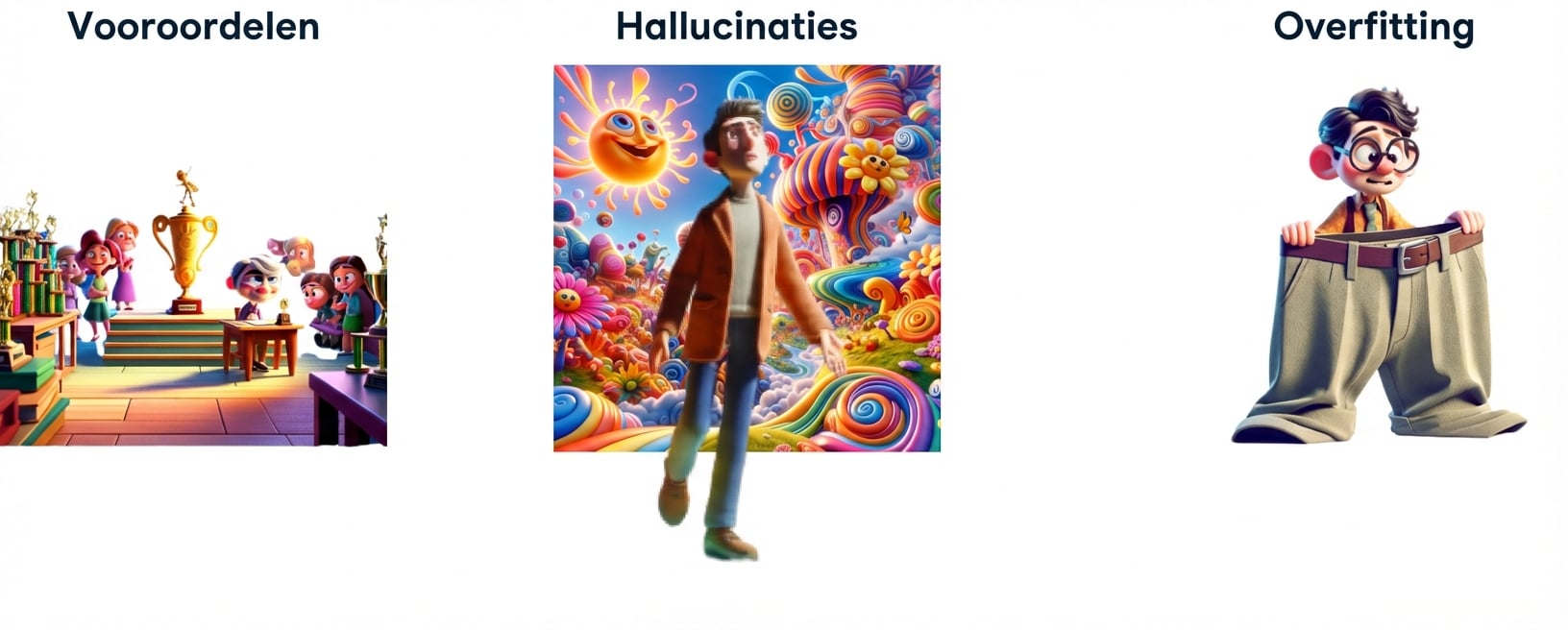 Cartoonillustraties van een kind aan een bureau met een prijs terwijl anderen kijken, iemand die hallucineert, en een jongere met komisch grote broek