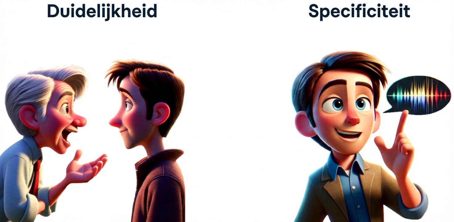 Aan de ene kant praten twee mensen (duidelijkheid), aan de andere kant staat een persoon met een spreekwolk (specificiteit)
