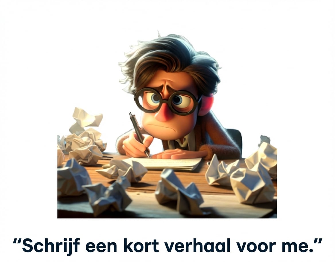 Verwarde en vermoeide persoon met de prompt "write me a short story"