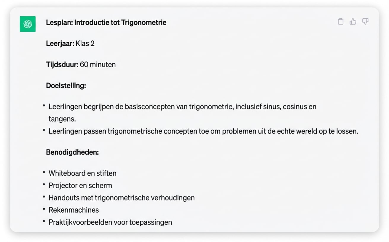 Een screenshot van een gedetailleerd lesplan gegenereerd door ChatGPT