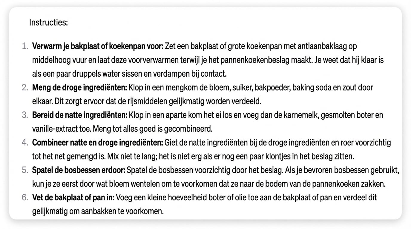 ChatGPT’s antwoord met de stappen voor de perfecte blauwebessenpannenkoek