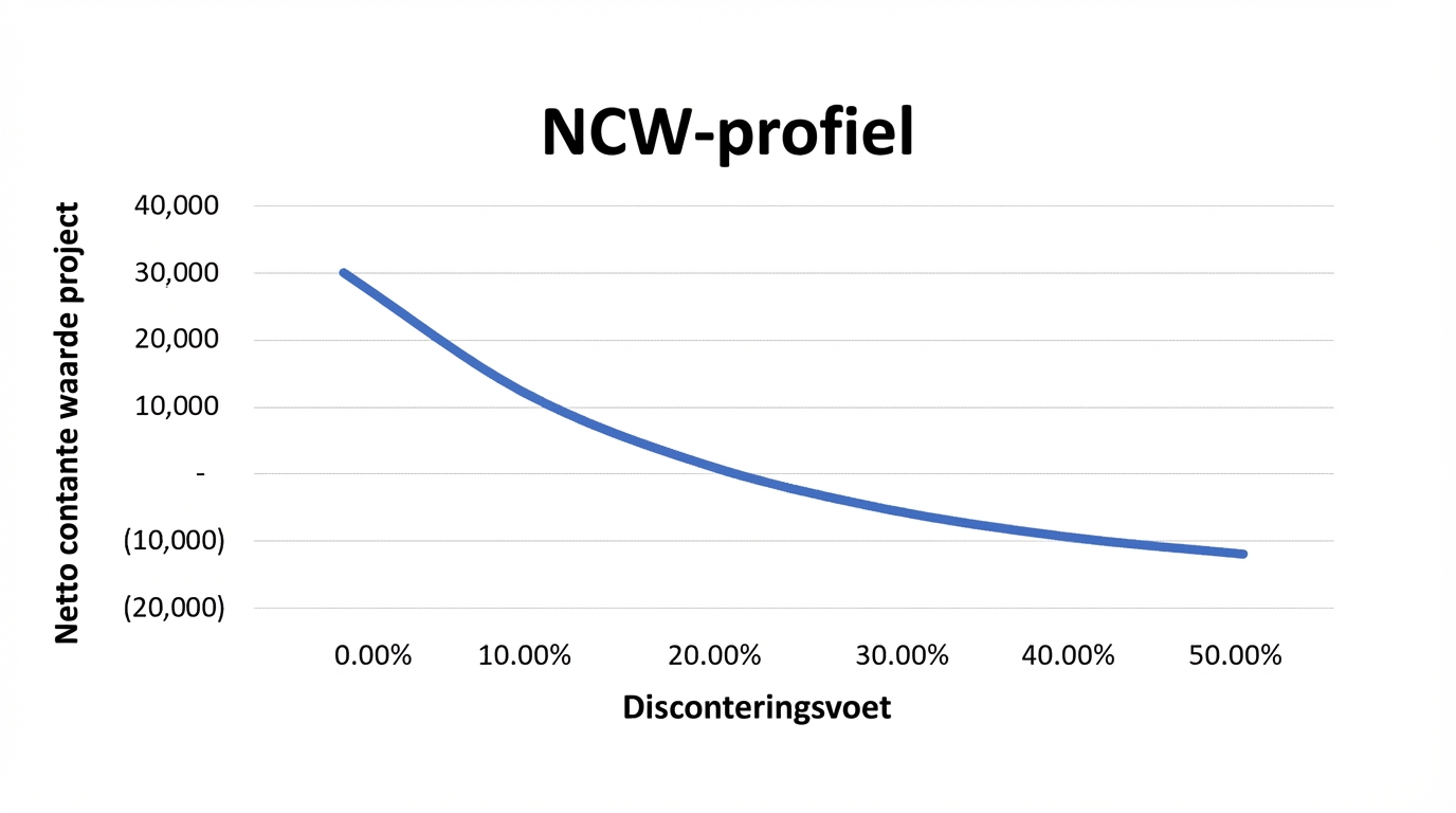 Een lijngrafiek met netto contante waarde op de y-as en discontovoeten op de x-as. De relatie is exponentieel negatief.
